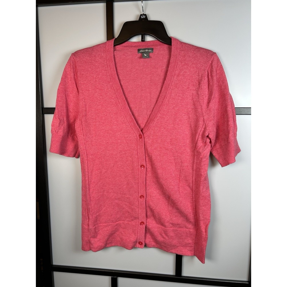 Eddie Bauer Women M Short Sleeve V Neck Cardigan Sweater Pink Salmon Knit